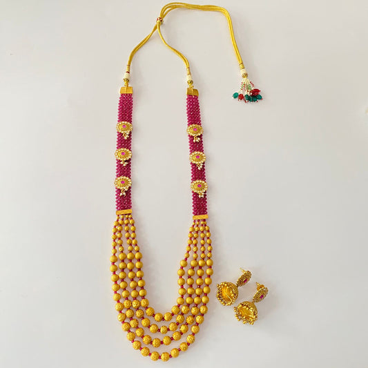 Ruby Long Golden Beads Necklace