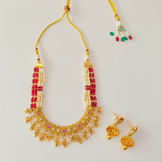 Gold Plated White & Ruby Beads Necklace Set