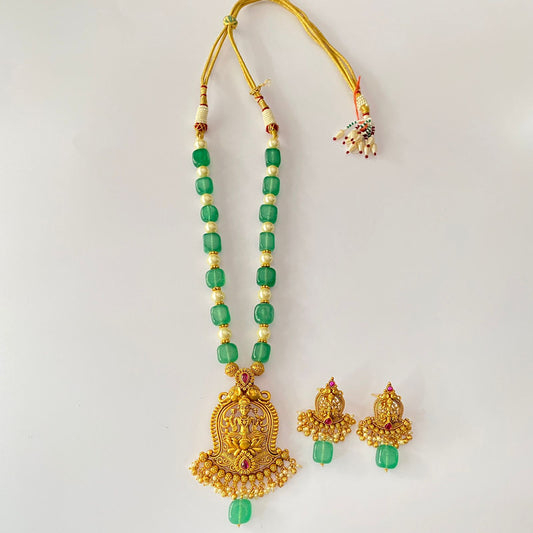 Gold Plated Aquamarine Stone White Pearl Laxmi Necklace Set