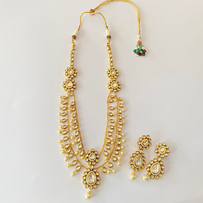 Gold Plated Polki Drop Pearl Double Line Necklace