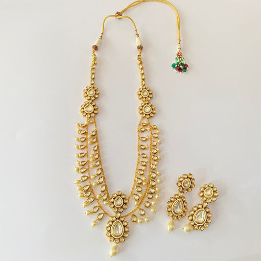 Gold Plated Polki Drop Pearl Double Line Necklace