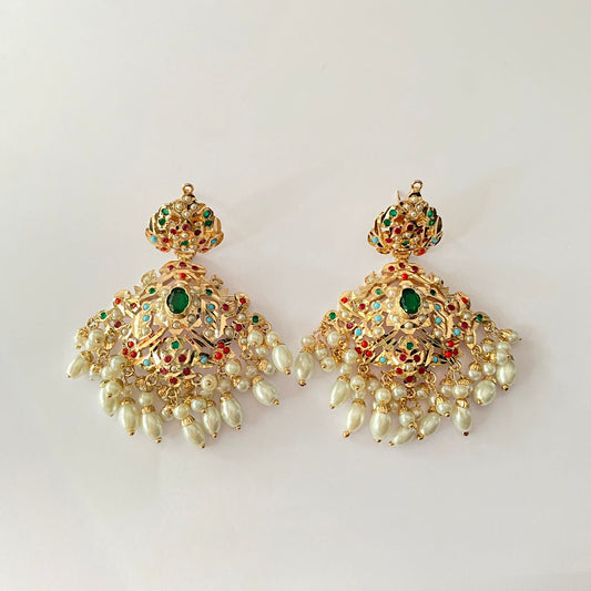 Gold Plated Drop Pearl Multi Jadau Earring