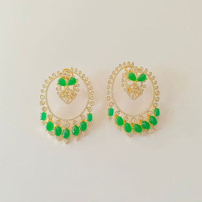 Green Stone Gold Plated Round Big Stud Earring