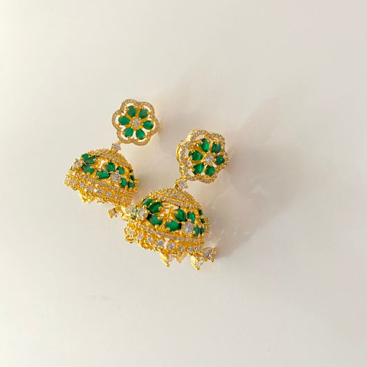 Green Stone Gold Plated A.D Jhumka Earring