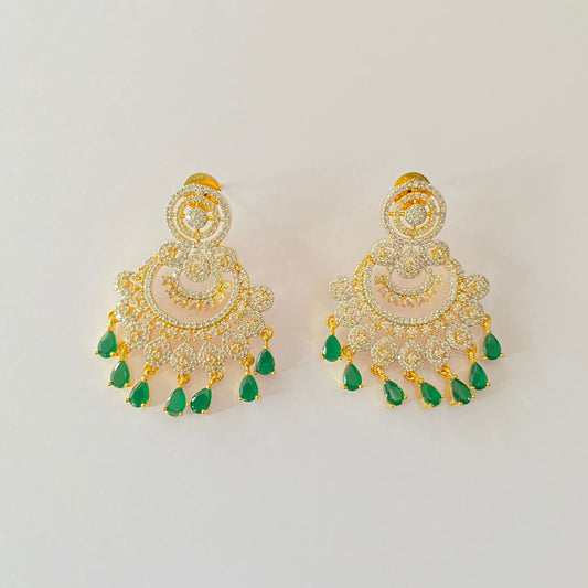 Gold Plated Green Stone Drop A.D Earring