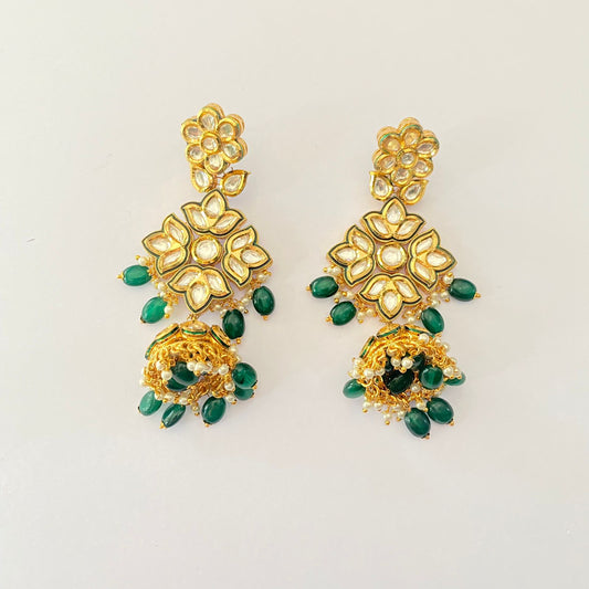 Ethnic kundan Green drop Long Jhumka Earring