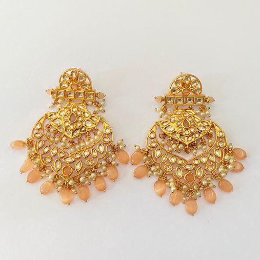 Ethnic Peach  stone drop kundan big chandbali earring