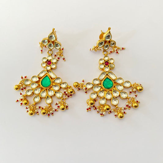 Green & ruby stone pachi Kundan long Earring