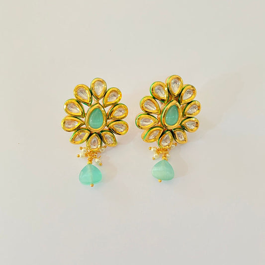 Kundan Stud Aqua Stone Drop Earring