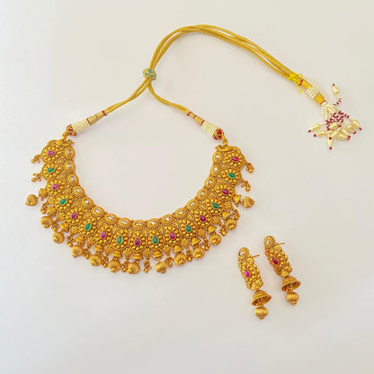 Gold Plated Emerald polki  Ruby Temple Necklace set