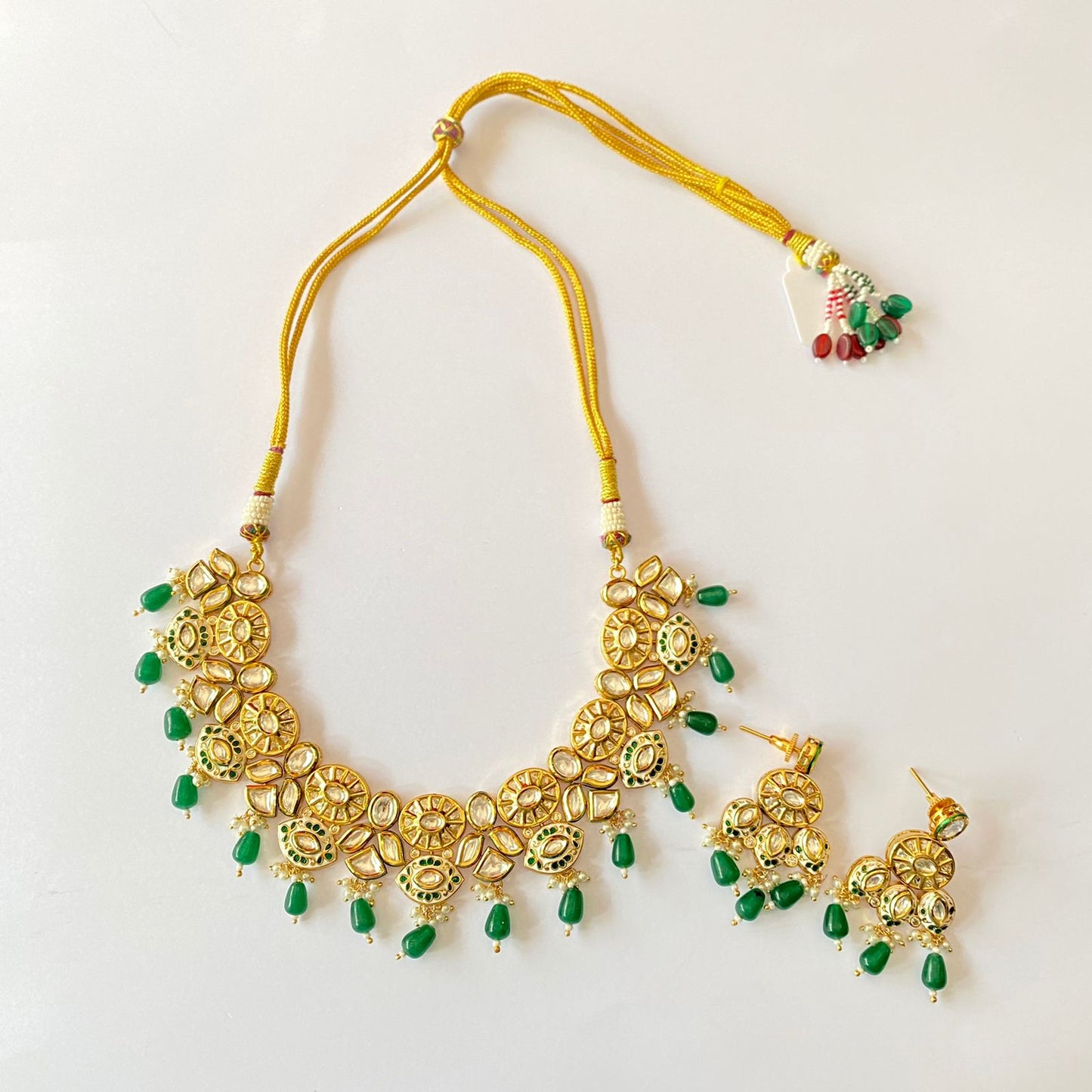 Gold Plated Kundan Drop Green Necklace Set