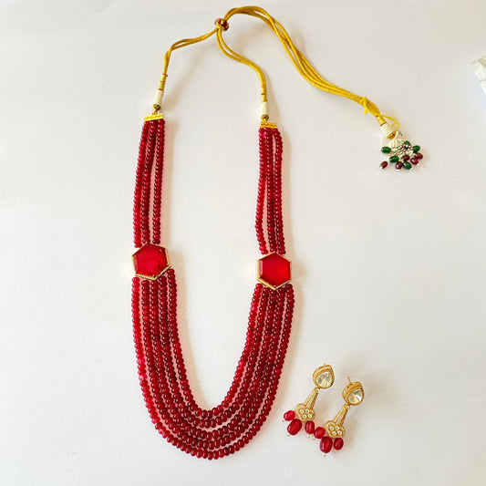 Ruby Beads Long Necklace Set