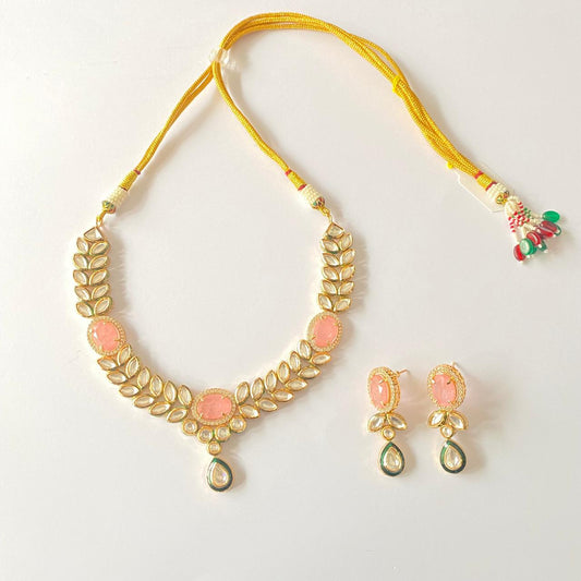 Polki Gold plated peach Leaves Design Necklace Set