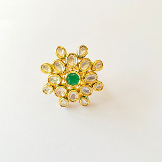 Green Stone Adjustable Gold Plated kundan Ring