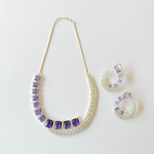 Silver Plated Amethyst Diamond Necklace Set