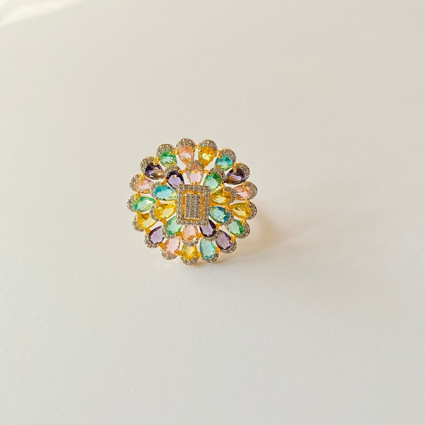 Floral Multi Stone Gold Plated Adjustable Ring