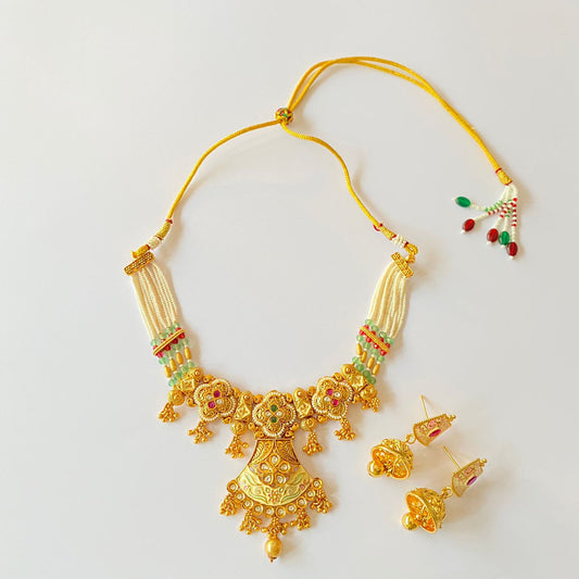 Gold Plated White Moti Beads Necklace Set