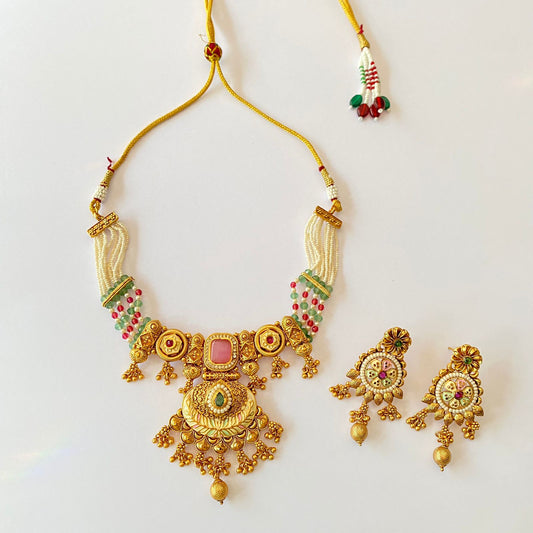 Gold Plated Pink Stone Necklace Set