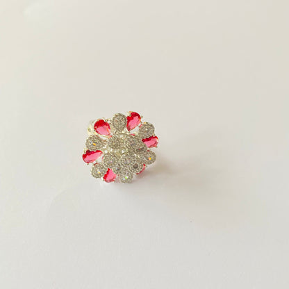 Floral Red Stone Silver Plated Adjustable Ring