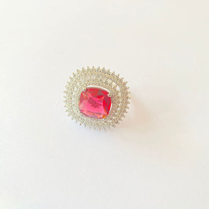 Red Stone Silver Plated A.D Adjustable Ring