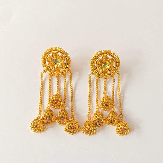 Dangler Jhumka Green Stone Gold Plated Earring