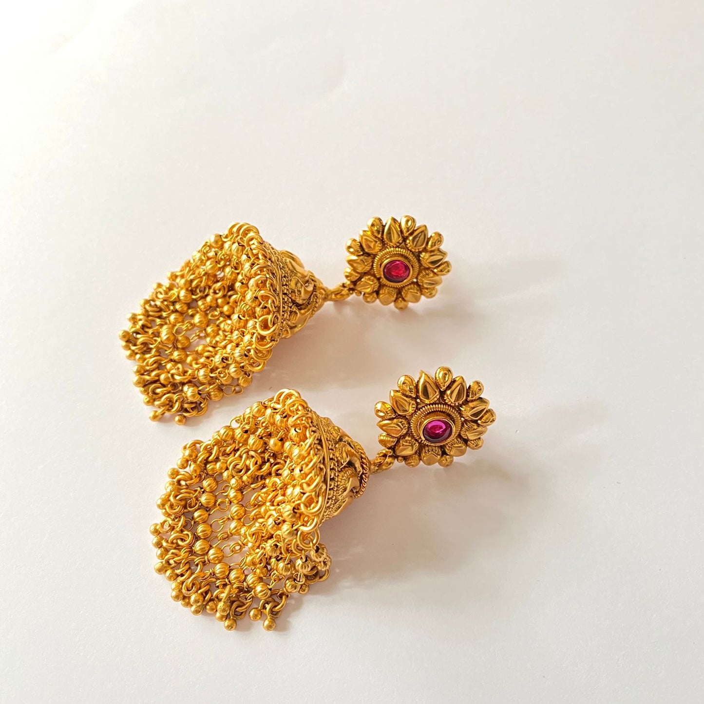 Gold Plated Ruby Stone Dangler Jhumka Earring