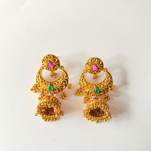 Gold Plated Ruby & Green Jhumka Earring