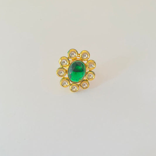 Green Stone Floral Kundan Adjustable  Ring