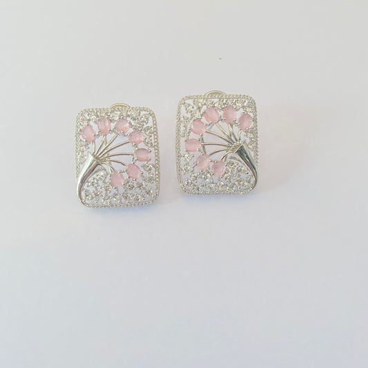 Pink stone A.D Silver Plated Back clip Square Stud Earring