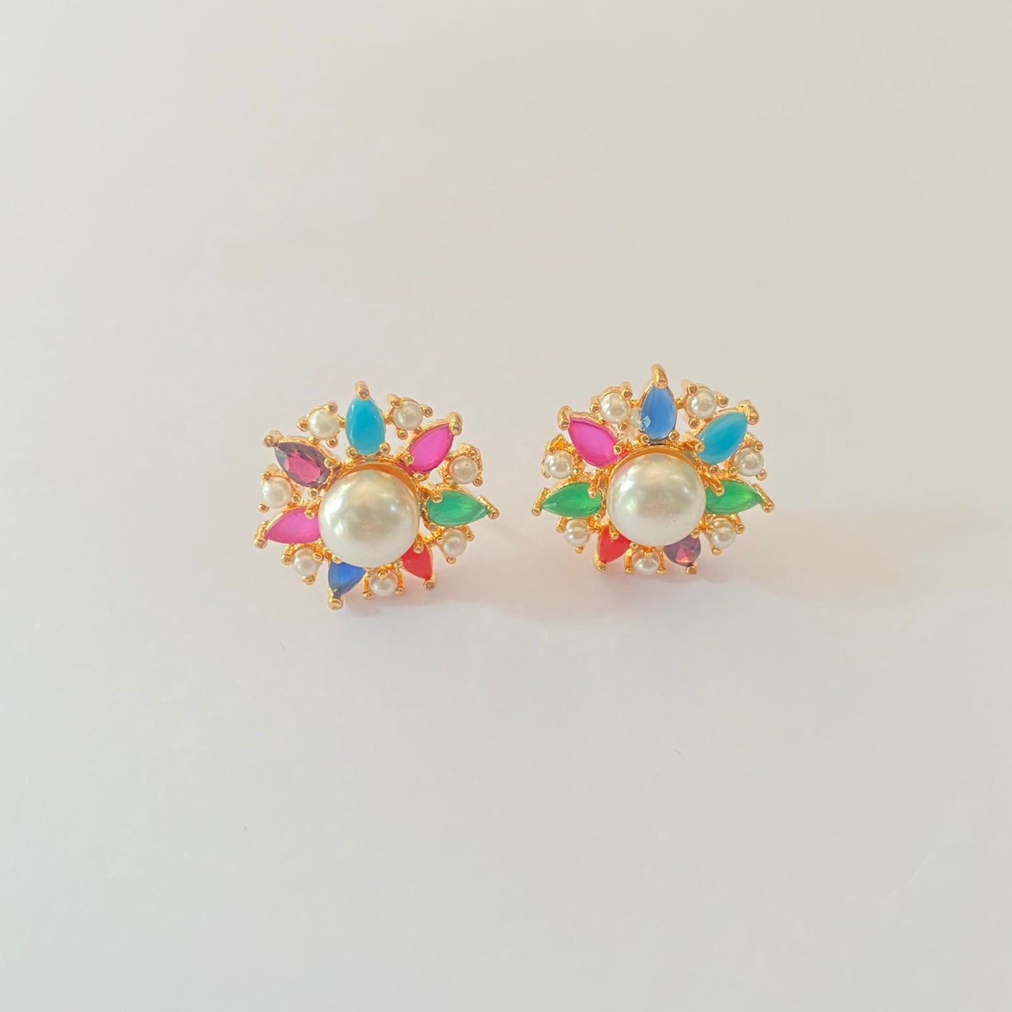 Small Navaratna center pearl Stud  Earring