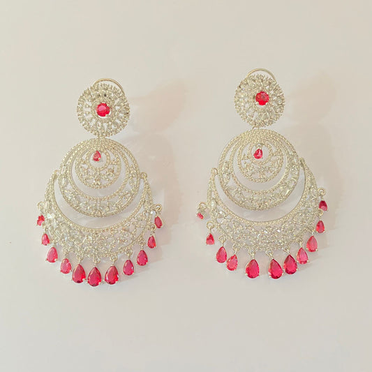 Stylish Red Stone Drop A.D Silver Plated Back Clip Chandbali Earring