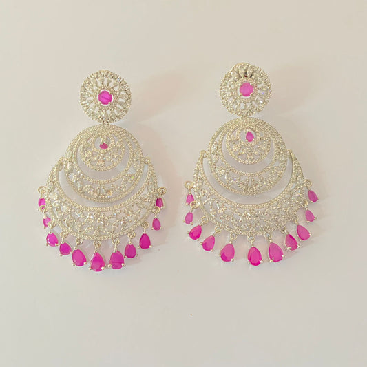 Stylish Pink Stone Drop A.D Silver Plated Back Clip Chandbali Earring