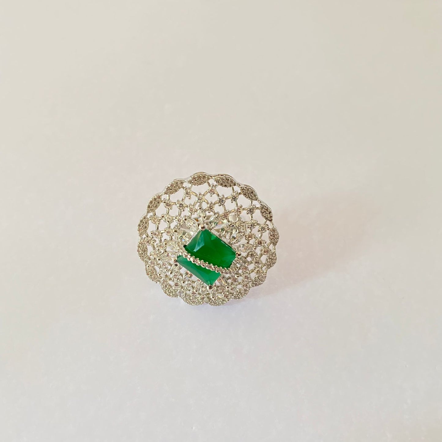 Green Stone Silver Plated Big Ring