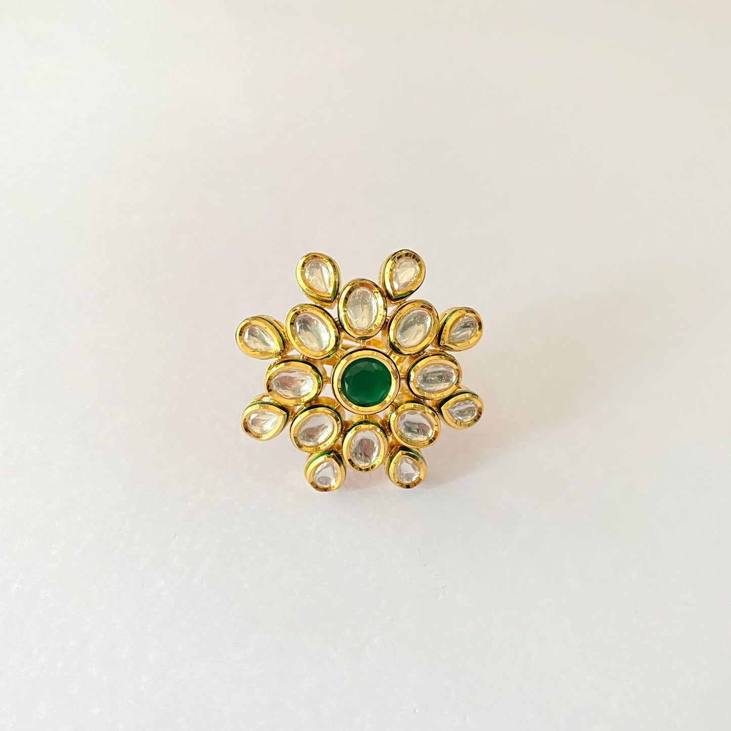 Gold Plated Kundan Green Ring