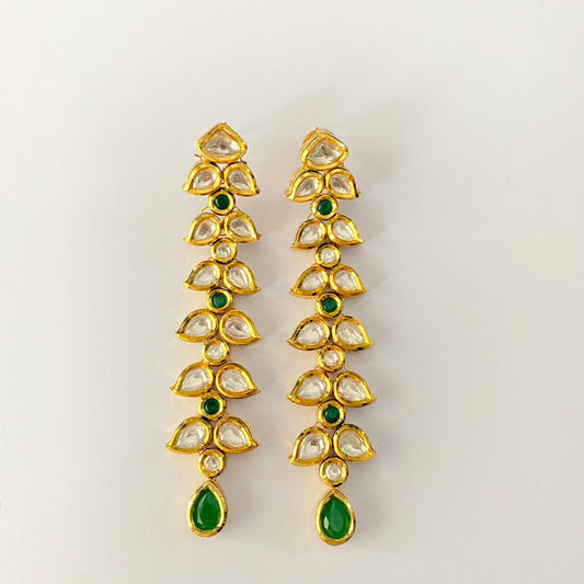 Gold Plated Kundan Long Green Earring