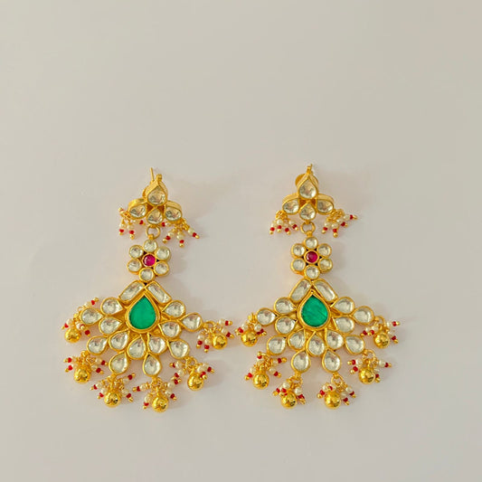 Green & ruby stone pachi Kundan long Earring.