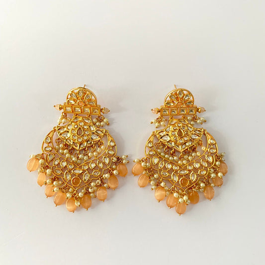 Ethnic Peach  Stone Drop Kundan big Chandbali Earring.