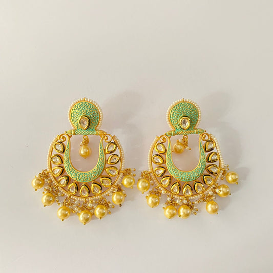 Elegant Kundan Meenakari Pearl drop Chandbali Earring.