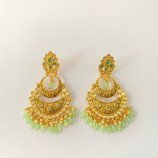 Ethnic Antique Gold Plated Light Green Dangler Earring