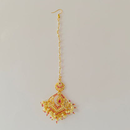 Ruby With Pearl Drop Gold Plated Mangtika