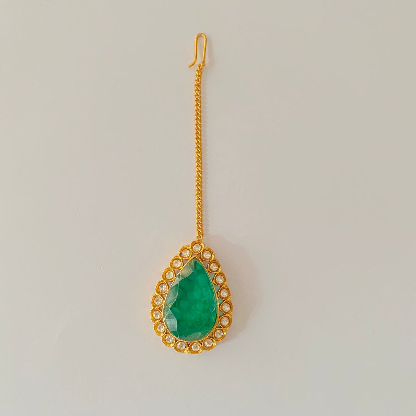 Green Stone Drop Shape Gold Plated Mangtika