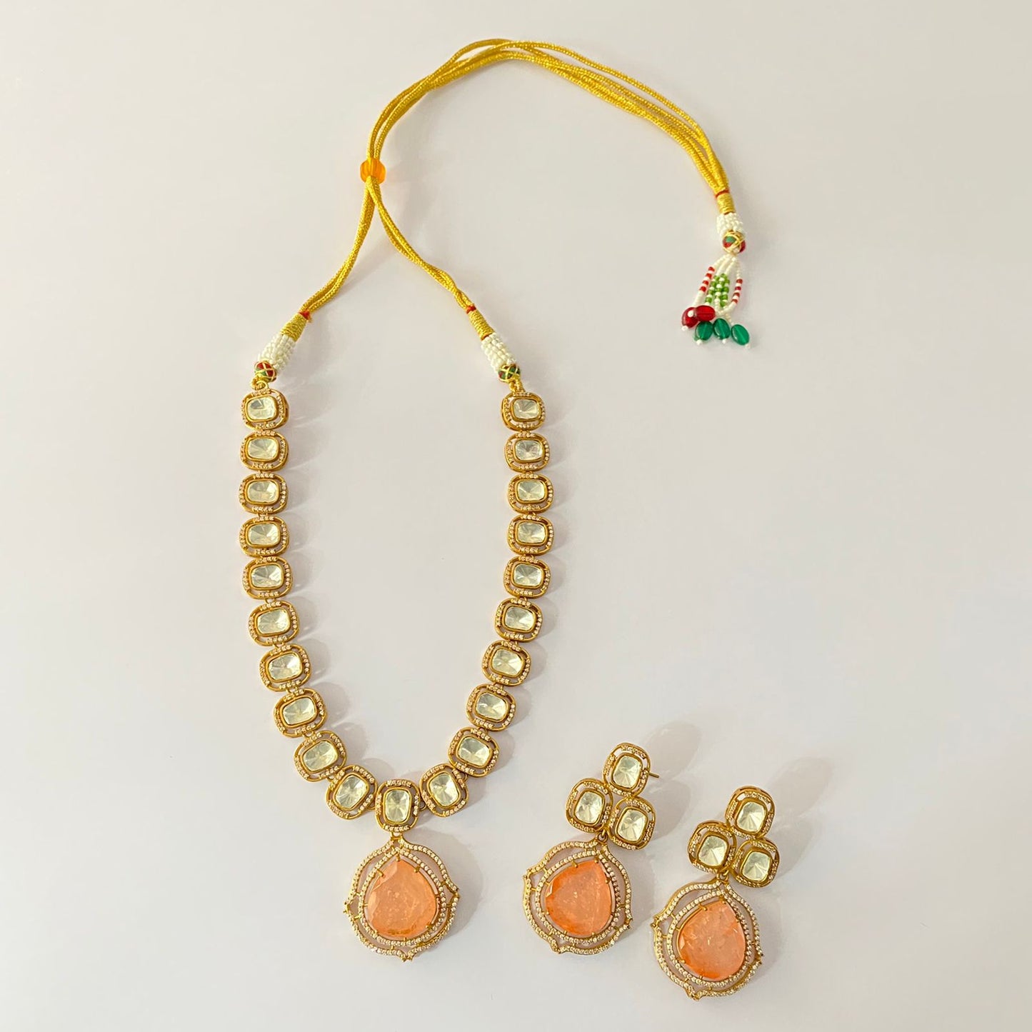 Antique Peach Stone Color Polki Necklace Set