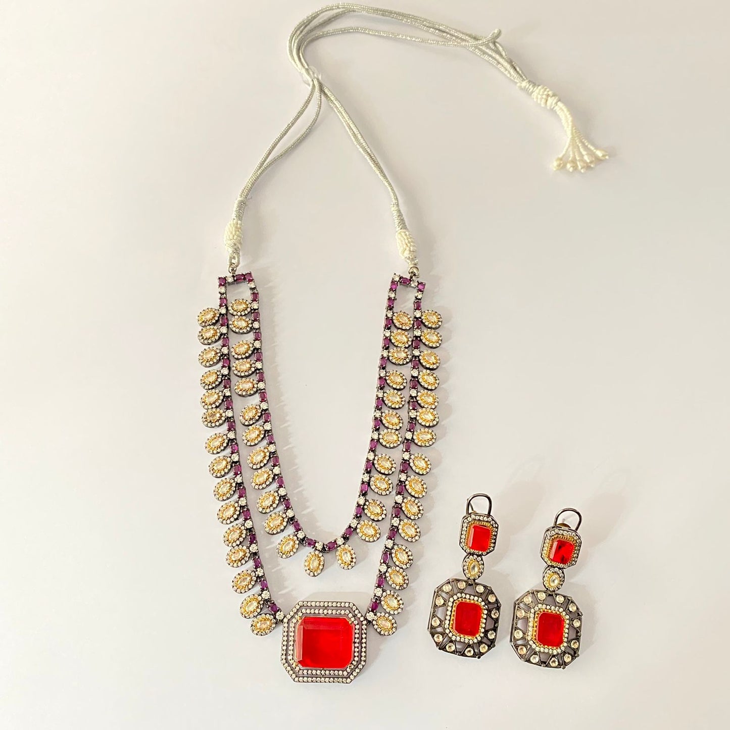 Oxidised Polki Ruby Stone Double Line Necklace Set