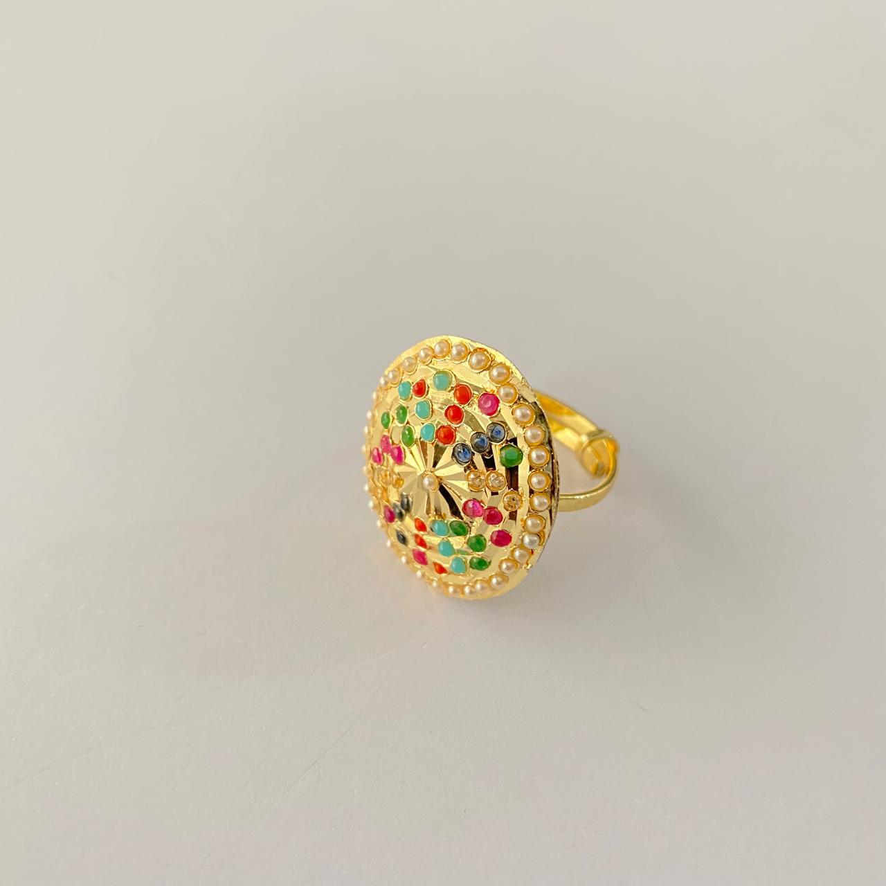 Multi  Jadau Floral Gold Plated  Adjustable Ring