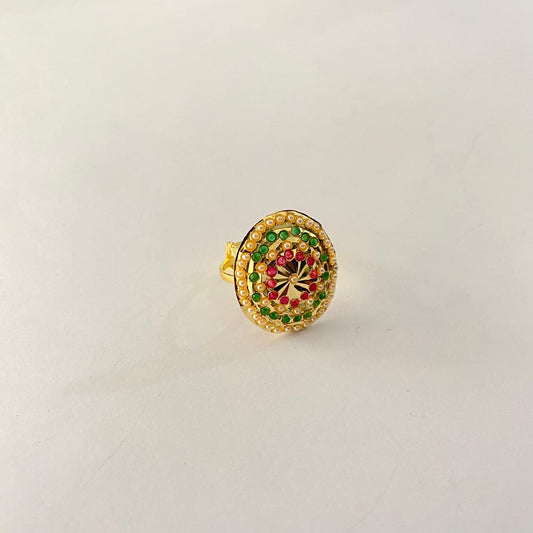 Emerald Ruby Jadau Floral Gold Plated  Adjustable Ring