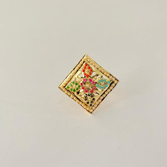 Multi Jadau Floral Gold Plated Square Adjustable Ring