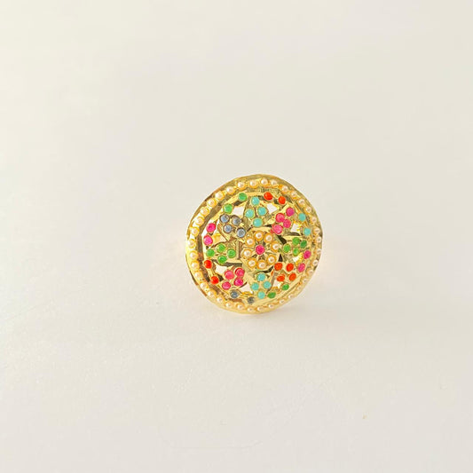 Multi Jadau Floral Gold Plated  Round Adjustable Ring