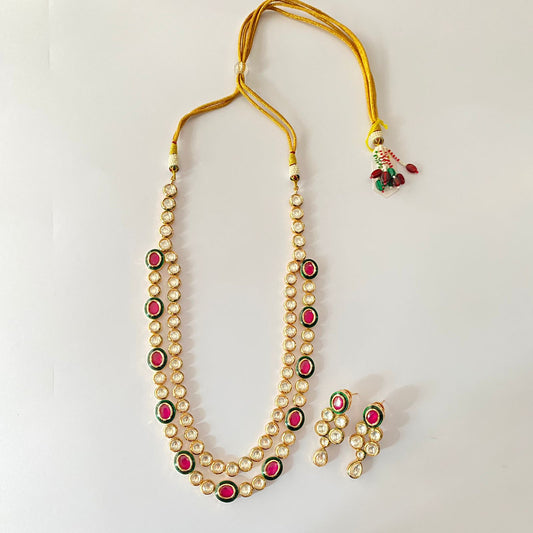 Gold Plated Kundan Ruby Double Line Necklace Set