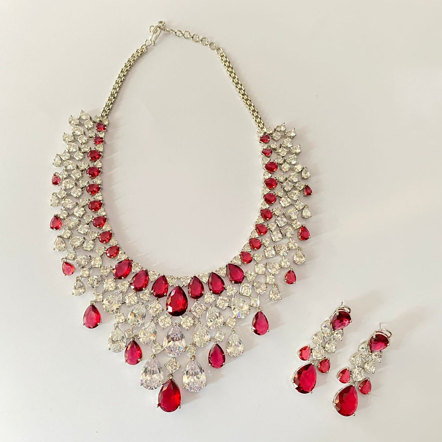 Silver Plated Ruby Diamond Necklace Set