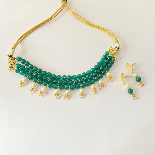 Emerald Triple Layer with pearl choker Necklace Set